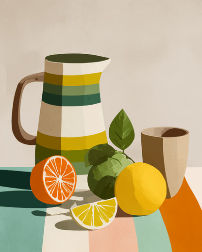Peinture par numéro adulte Pichet Rayé et Agrumes, visuel complet du design sur toile, Maison Artsen