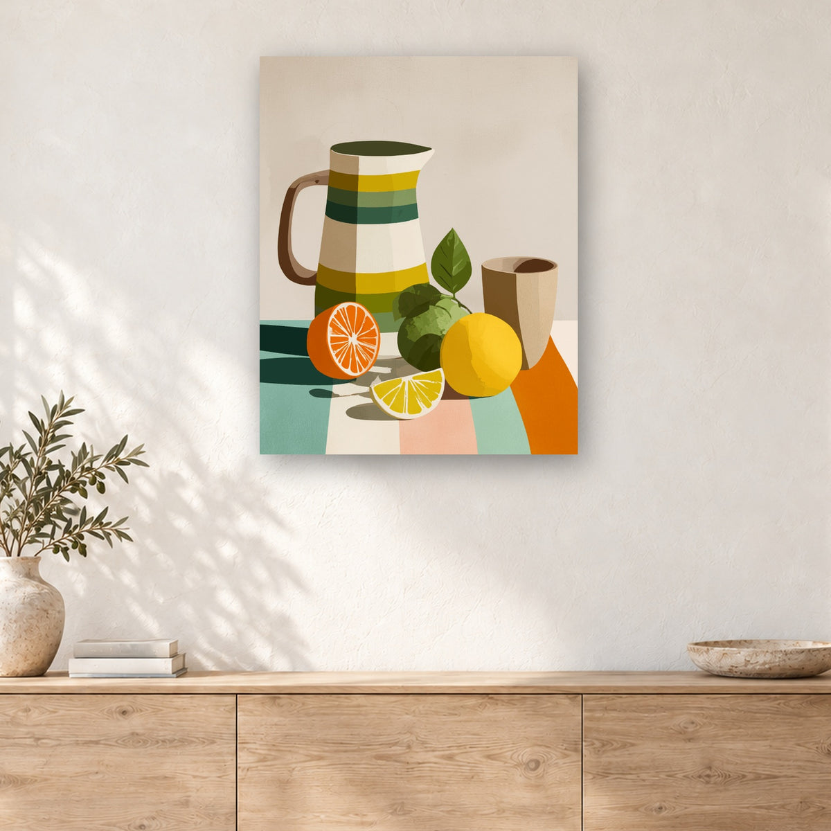 Tableau peinture par numéro Pichet Rayé et Agrumes accroché dans un intérieur décoré, Maison Artsen