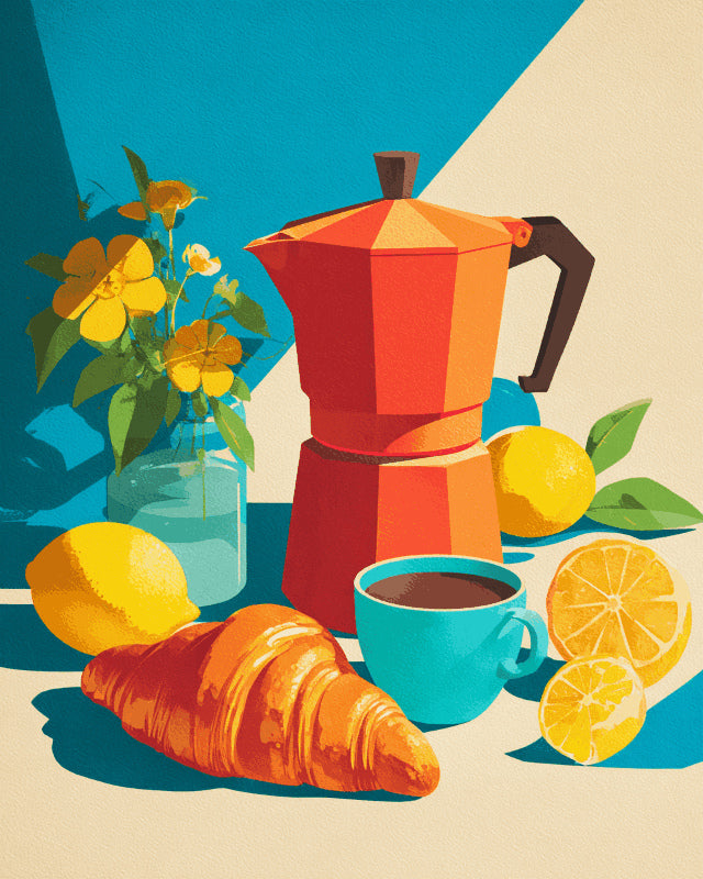 Peinture par numéro adulte Moka et Croissant, visuel complet du design sur toile, Maison Artsen