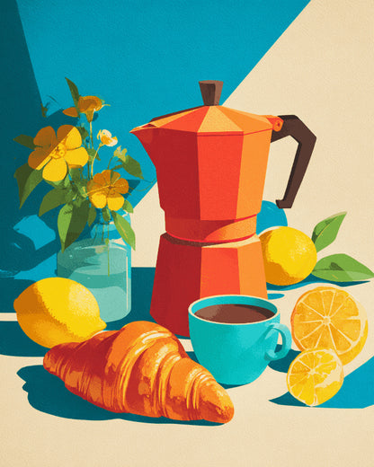 Peinture par numéro adulte Moka et Croissant, visuel complet du design sur toile, Maison Artsen