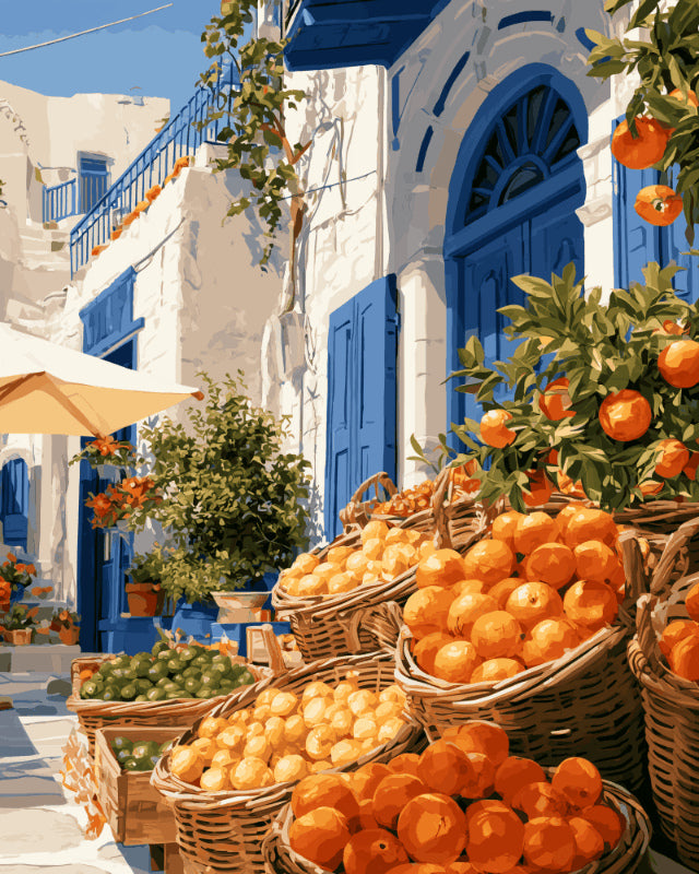Peinture par numéro adulte Marché aux Oranges, visuel complet du design sur toile, Maison Artsen