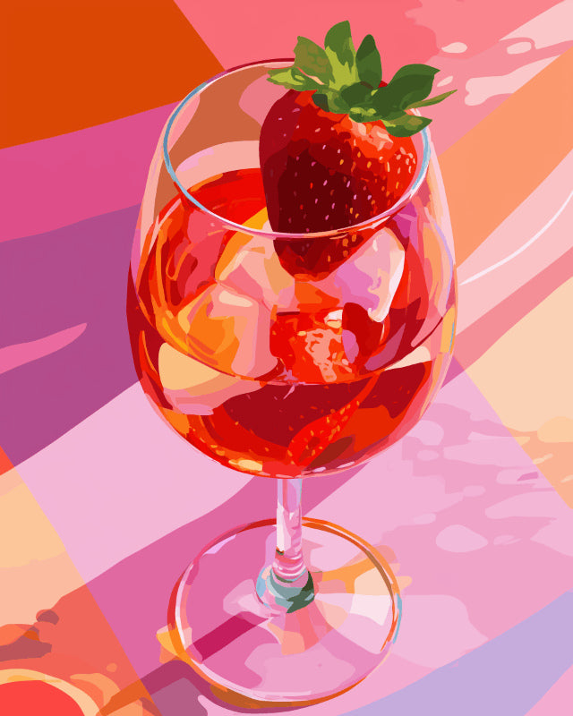 Peinture par numéro adulte Verre à la Fraise, visuel complet du design sur toile, Maison Artsen