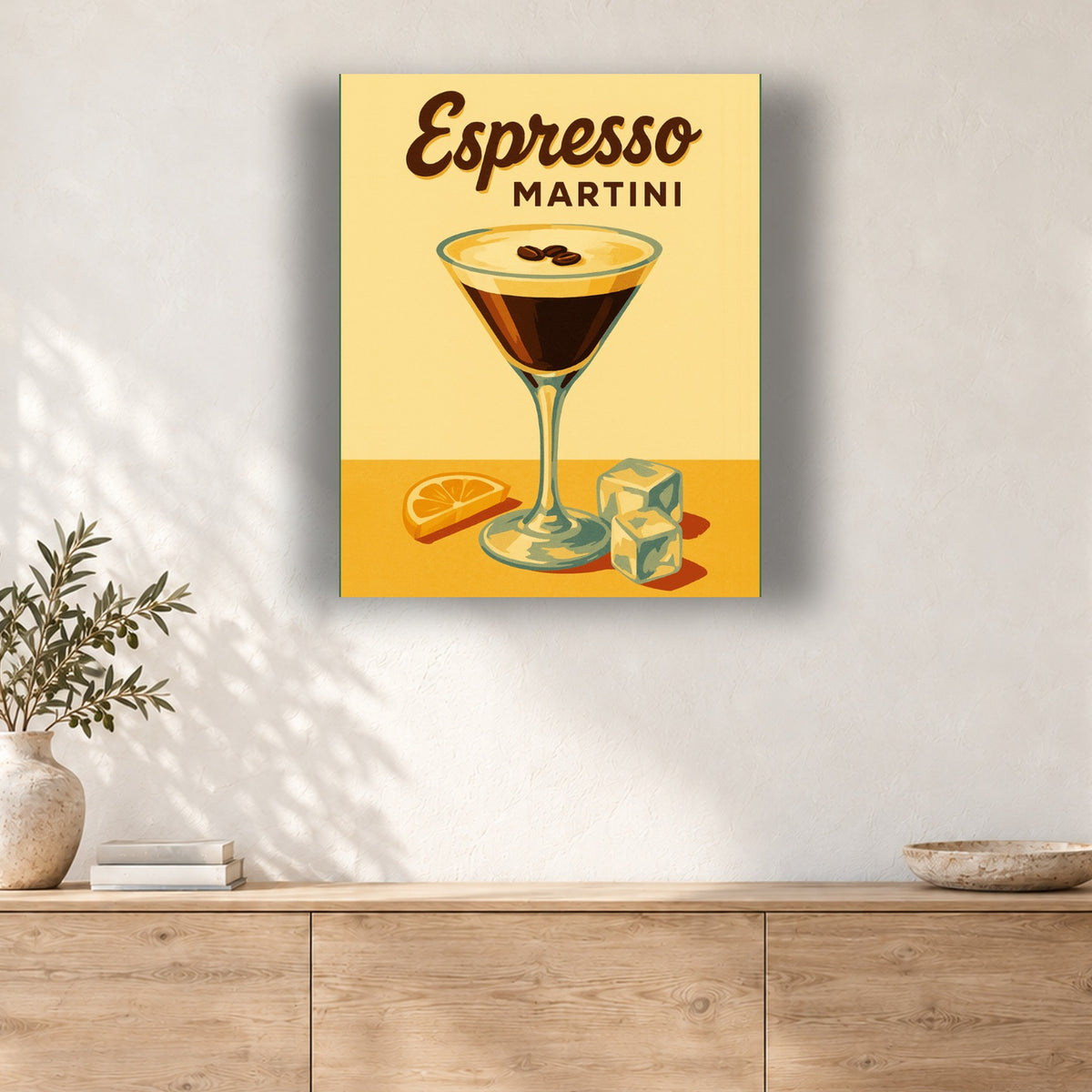 Tableau peinture par numéro Affiche Espresso Martini accroché dans un intérieur décoré, Maison Artsen