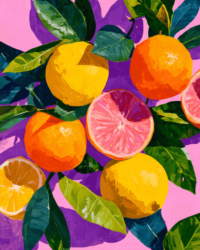 Peinture par numéro adulte Agrumes sur Fond Violet, visuel complet du design sur toile, Maison Artsen