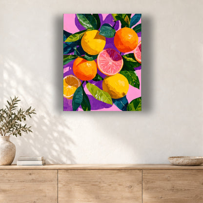 Tableau peinture par numéro Agrumes sur Fond Violet accroché dans un intérieur décoré, Maison Artsen
