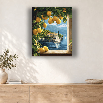 Tableau peinture par numéro Fenêtre sur le Lac accroché dans un intérieur décoré, Maison Artsen