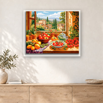 Tableau peinture par numéro Tomates et Collines Toscanes accroché dans un intérieur décoré, Maison Artsen