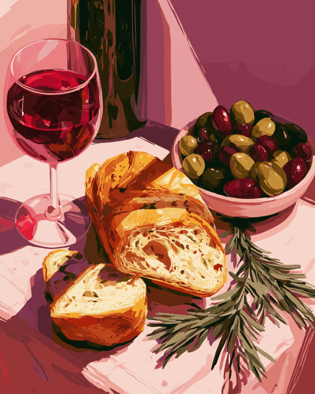 Peinture par numéro adulte Pain, Vin et Olives, visuel complet du design sur toile, Maison Artsen