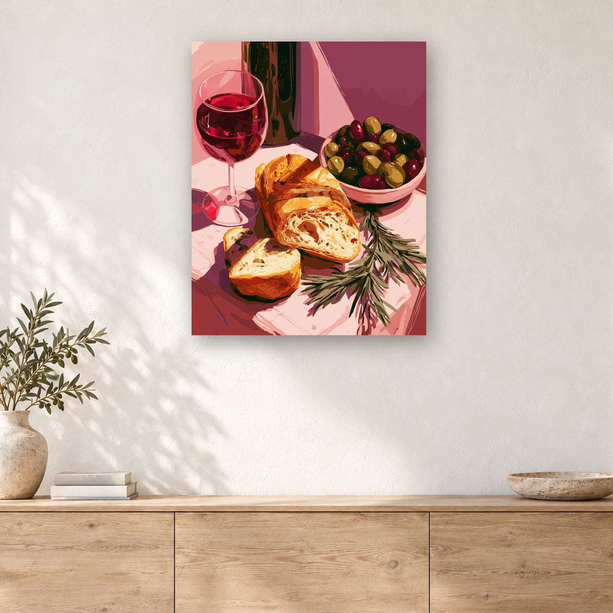 Tableau peinture par numéro Pain, Vin et Olives accroché dans un intérieur décoré, Maison Artsen