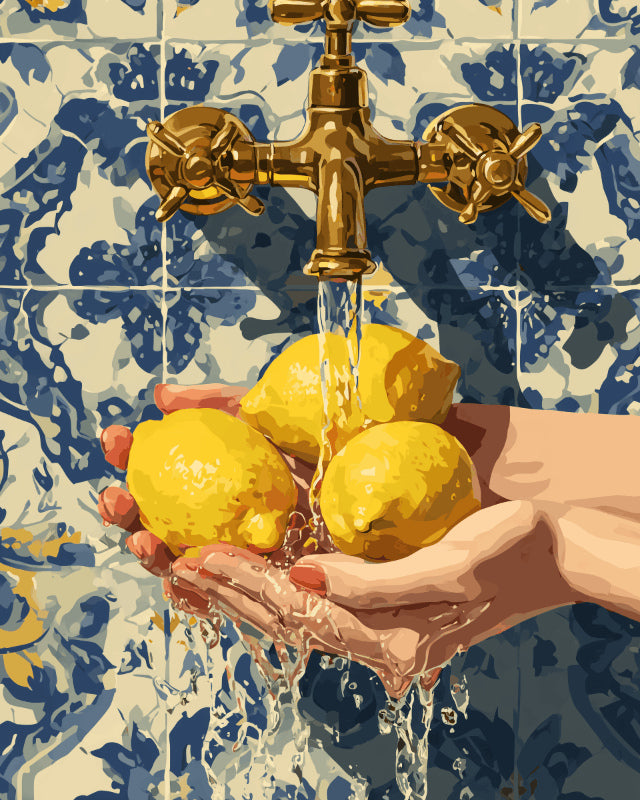 Peinture par numéro adulte Citrons sous le Robinet, visuel complet du design sur toile, Maison Artsen