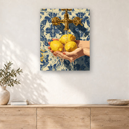 Tableau peinture par numéro Citrons sous le Robinet accroché dans un intérieur décoré, Maison Artsen