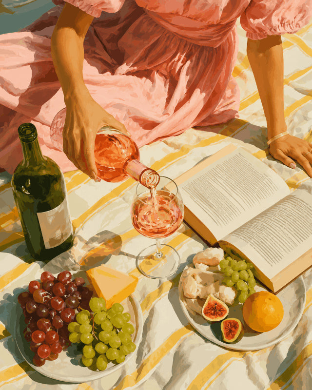 Peinture par numéro adulte Pique-Nique au Rosé, visuel complet du design sur toile, Maison Artsen