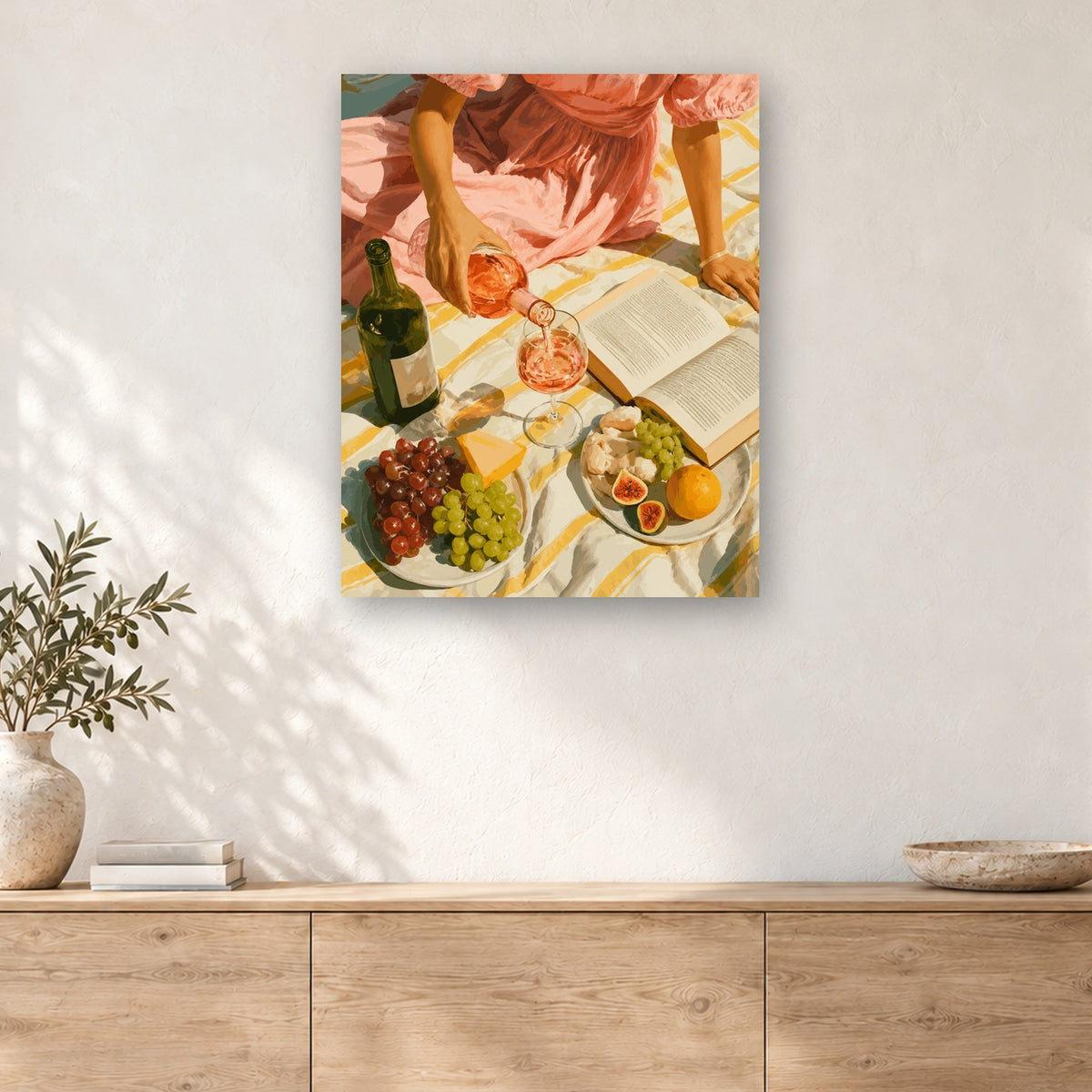 Tableau peinture par numéro Pique-Nique au Rosé accroché dans un intérieur décoré, Maison Artsen