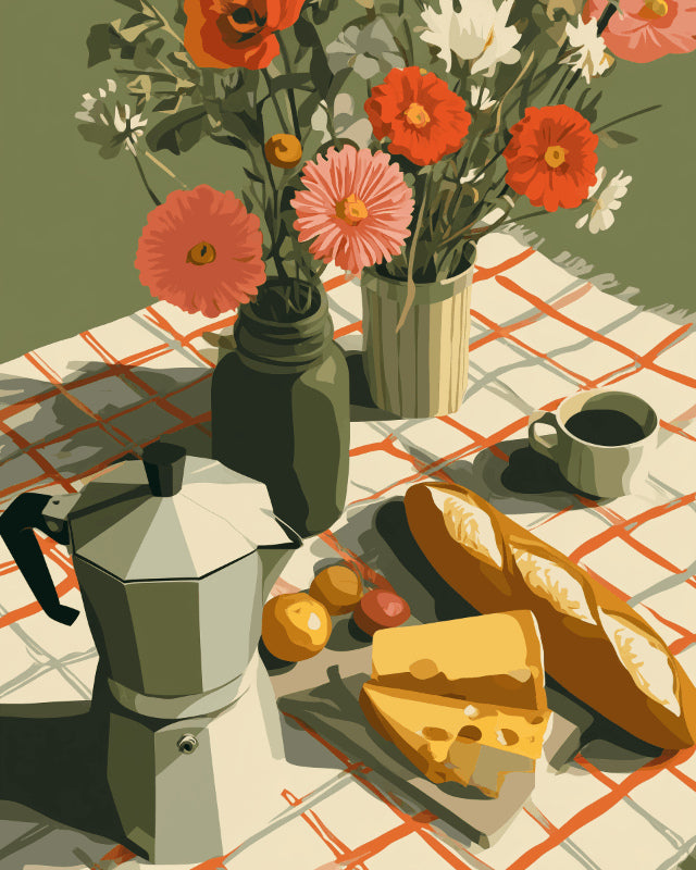 Peinture par numéro adulte Baguette, Fromage et Café, visuel complet du design sur toile, Maison Artsen