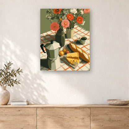 Tableau peinture par numéro Baguette, Fromage et Café accroché dans un intérieur décoré, Maison Artsen