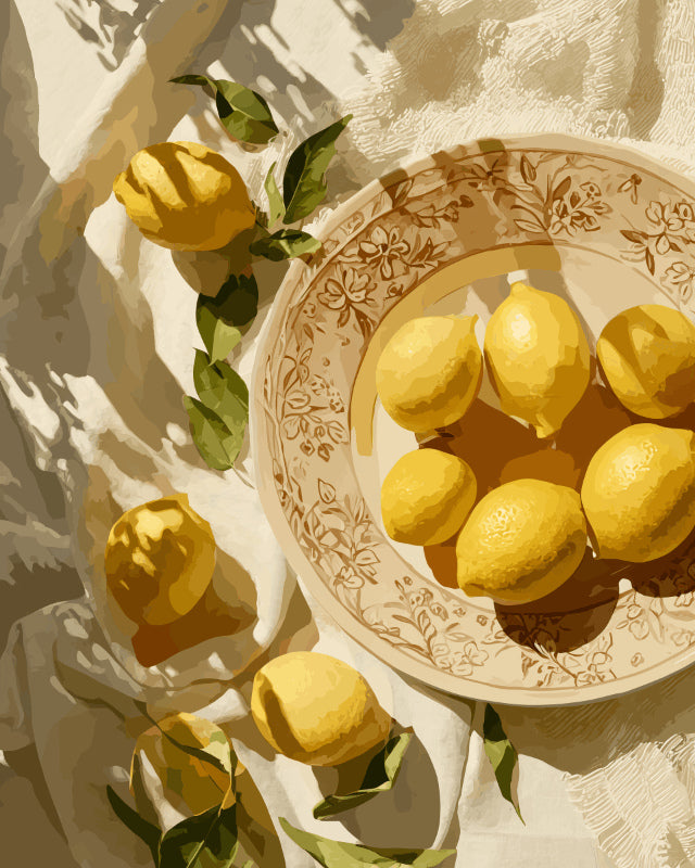 Peinture par numéro adulte Citrons à l'Ombre des Feuilles, visuel complet du design sur toile, Maison Artsen