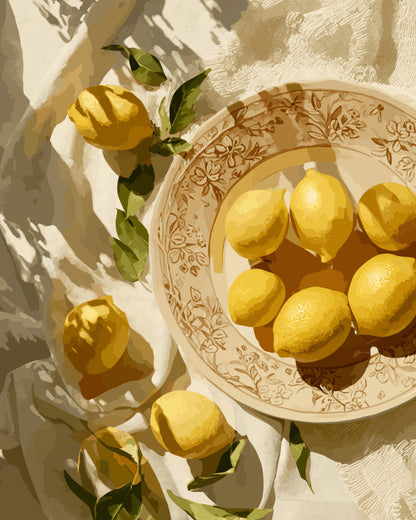 Peinture par numéro adulte Citrons à l'Ombre des Feuilles, visuel complet du design sur toile, Maison Artsen