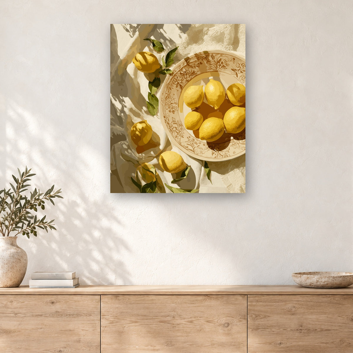 Tableau peinture par numéro Citrons à l'Ombre des Feuilles accroché dans un intérieur décoré, Maison Artsen