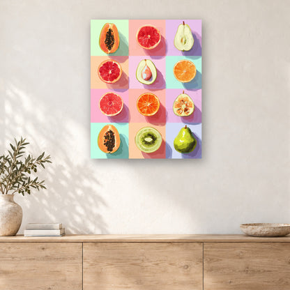 Tableau peinture par numéro Damier de Fruits Pastel accroché dans un intérieur décoré, Maison Artsen