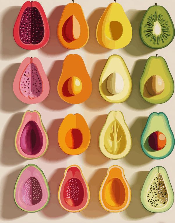 Peinture par numéro adulte Alignement de Fruits Coupés, visuel complet du design sur toile, Maison Artsen