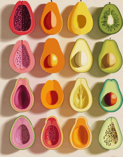 Peinture par numéro adulte Alignement de Fruits Coupés, visuel complet du design sur toile, Maison Artsen