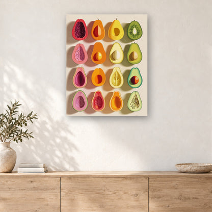 Tableau peinture par numéro Alignement de Fruits Coupés accroché dans un intérieur décoré, Maison Artsen