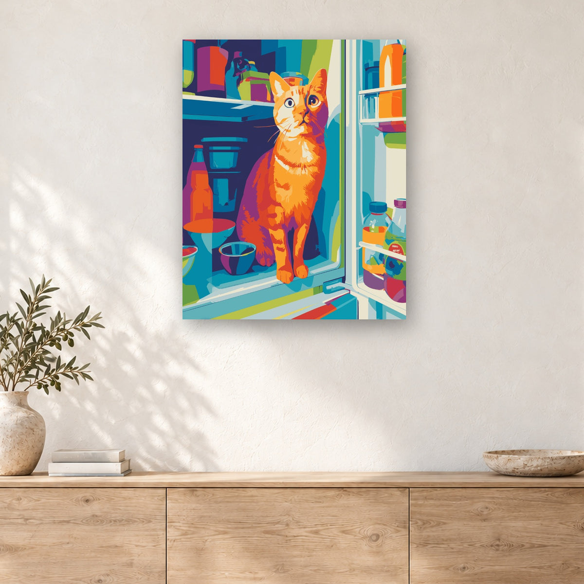 Tableau peinture par numéro Chat dans le Frigo accroché dans un intérieur décoré, Maison Artsen