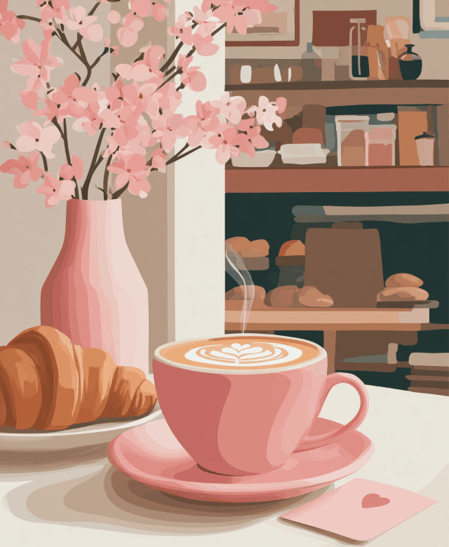 Peinture par numéro adulte Latte Rose à la Boulangerie, visuel complet du design sur toile, Maison Artsen