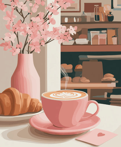 Peinture par numéro adulte Latte Rose à la Boulangerie, visuel complet du design sur toile, Maison Artsen