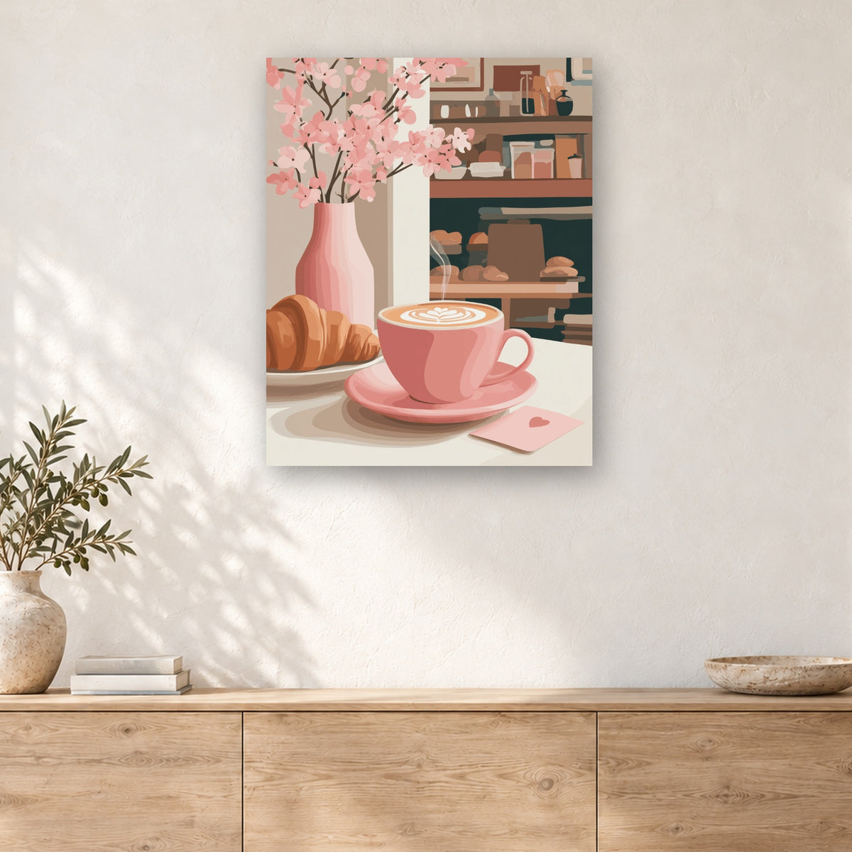 Tableau peinture par numéro Latte Rose à la Boulangerie accroché dans un intérieur décoré, Maison Artsen