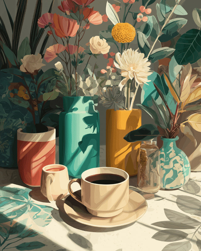 Peinture par numéro adulte Café au Milieu des Fleurs, visuel complet du design sur toile, Maison Artsen