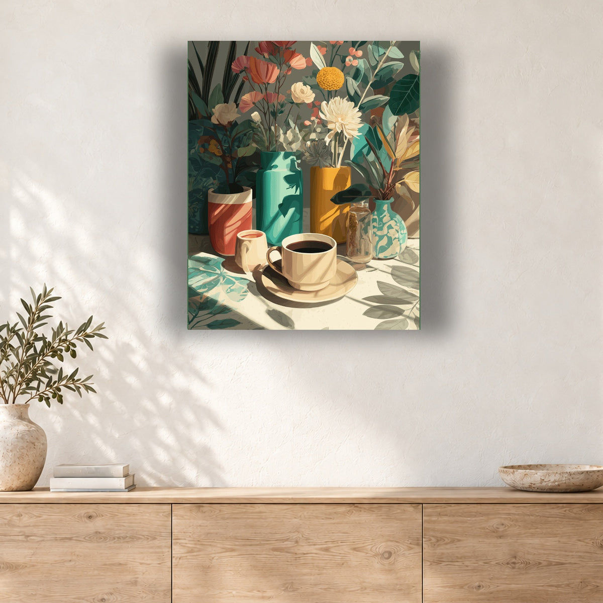 Tableau peinture par numéro Café au Milieu des Fleurs accroché dans un intérieur décoré, Maison Artsen