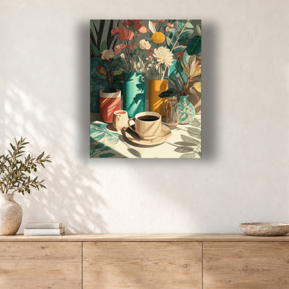 Tableau peinture par numéro Café au Milieu des Fleurs accroché dans un intérieur décoré, Maison Artsen