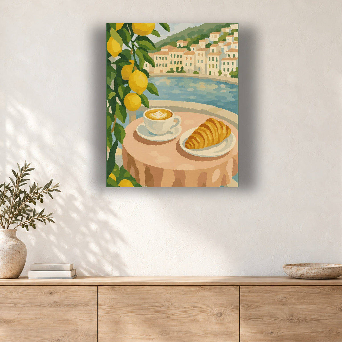 Tableau peinture par numéro Cappuccino Face à la Baie accroché dans un intérieur décoré, Maison Artsen