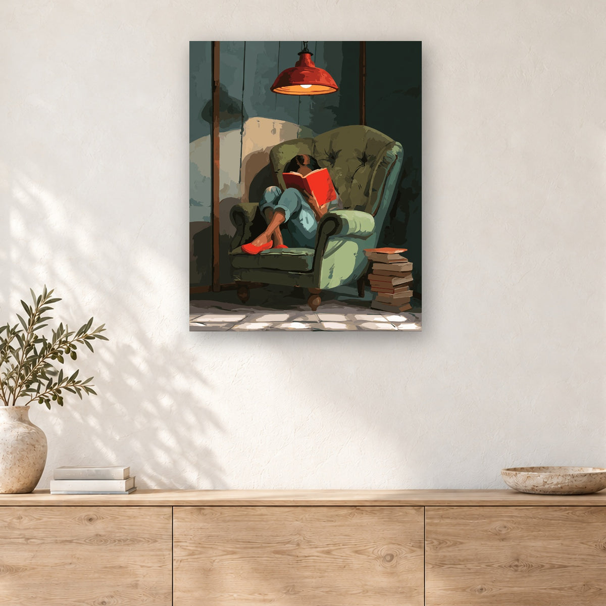 Tableau peinture par numéro Livre Rouge au Fauteuil Vert accroché dans un intérieur décoré, Maison Artsen