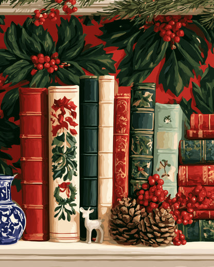 Peinture par numéro adulte Livres sous le Houx, visuel complet du design sur toile, Maison Artsen