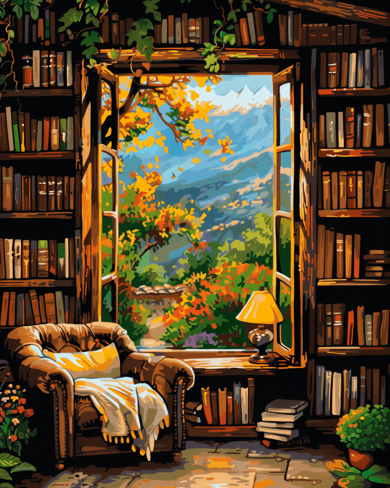Peinture par numéro adulte Coin Lecture face à l'Automne, visuel complet du design sur toile, Maison Artsen