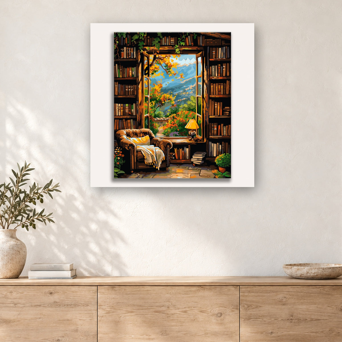 Tableau peinture par numéro Coin Lecture face à l'Automne accroché dans un intérieur décoré, Maison Artsen