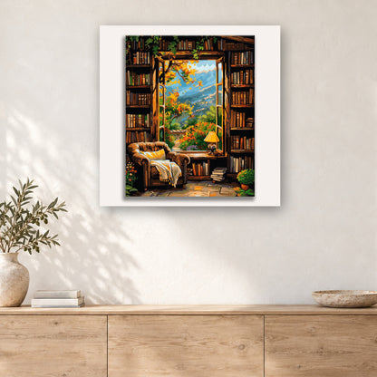 Tableau peinture par numéro Coin Lecture face à l'Automne accroché dans un intérieur décoré, Maison Artsen