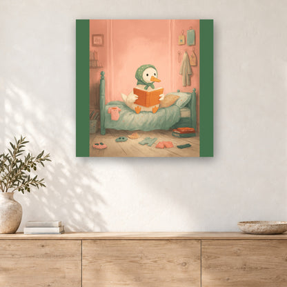 Tableau peinture par numéro Petite Oie au Lit accroché dans un intérieur décoré, Maison Artsen