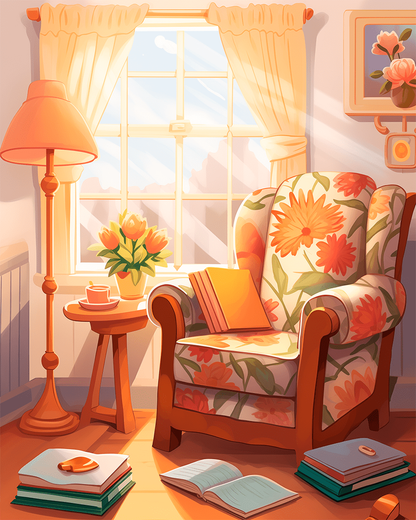 Peinture par numéro adulte Fauteuil Fleuri au Soleil, visuel complet du design sur toile, Maison Artsen