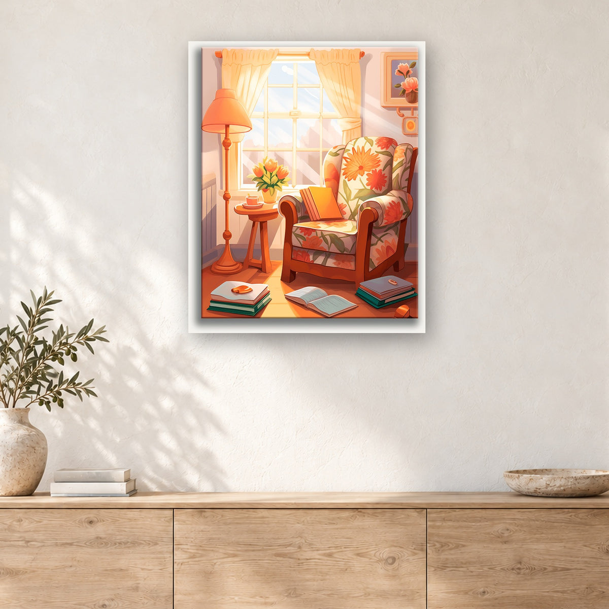 Tableau peinture par numéro Fauteuil Fleuri au Soleil accroché dans un intérieur décoré, Maison Artsen
