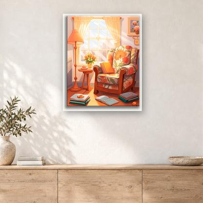 Tableau peinture par numéro Fauteuil Fleuri au Soleil accroché dans un intérieur décoré, Maison Artsen