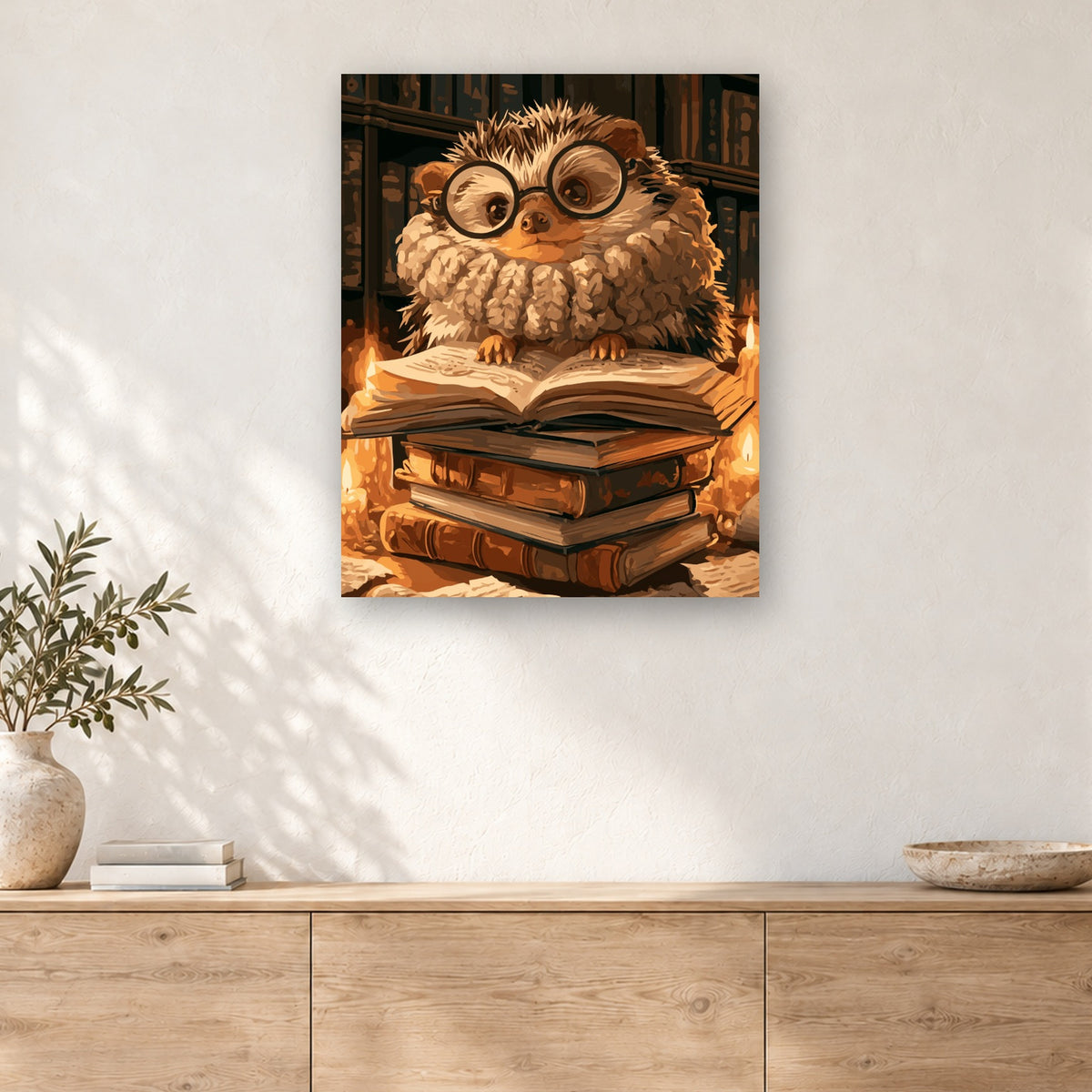 Tableau peinture par numéro Hérisson aux Grosses Lunettes accroché dans un intérieur décoré, Maison Artsen