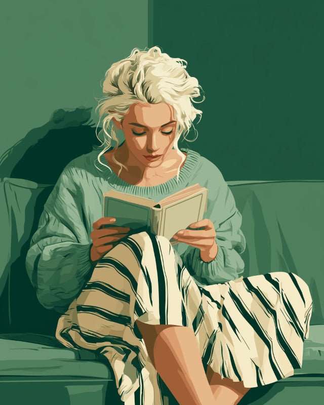 Peinture par numéro adulte Lectrice au Pull Vert, visuel complet du design sur toile, Maison Artsen