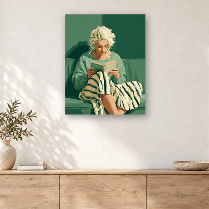 Tableau peinture par numéro Lectrice au Pull Vert accroché dans un intérieur décoré, Maison Artsen
