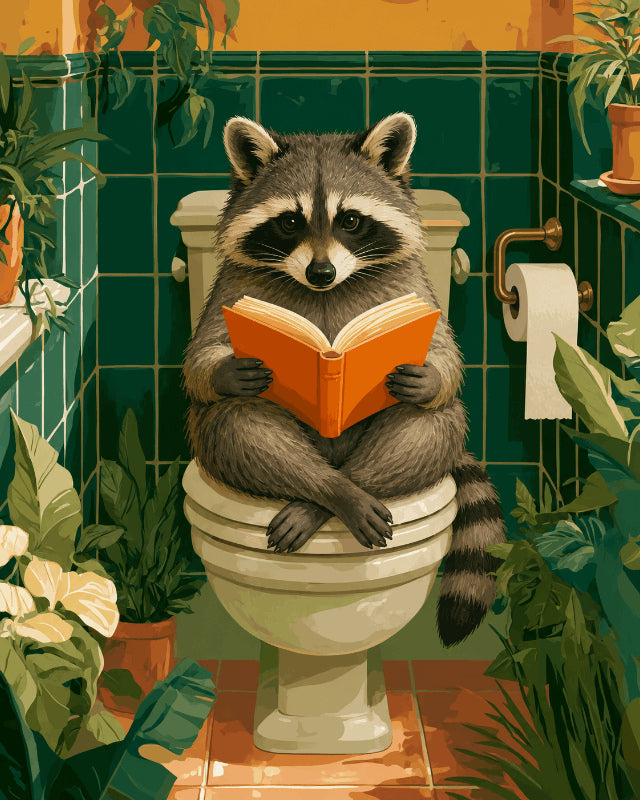 Peinture par numéro adulte Raton Laveur aux Toilettes, visuel complet du design sur toile, Maison Artsen