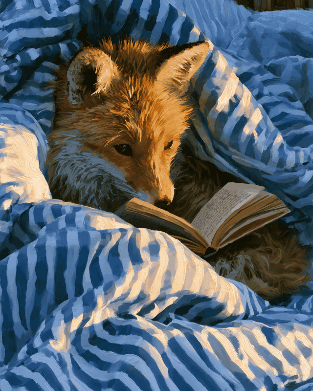 Peinture par numéro adulte Renard sous la Couette, visuel complet du design sur toile, Maison Artsen