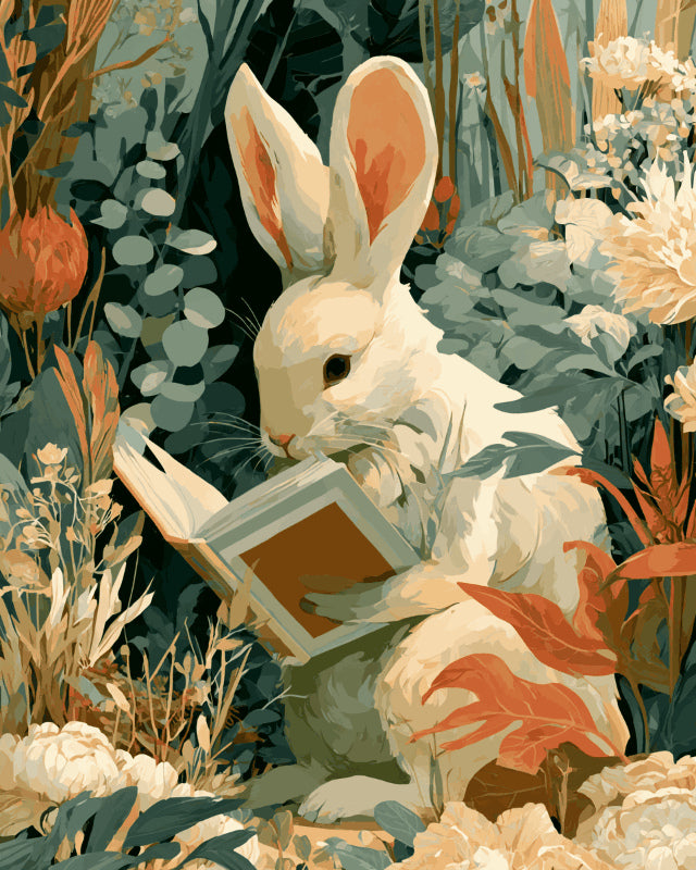 Peinture par numéro adulte Lapin Caché au Jardin, visuel complet du design sur toile, Maison Artsen
