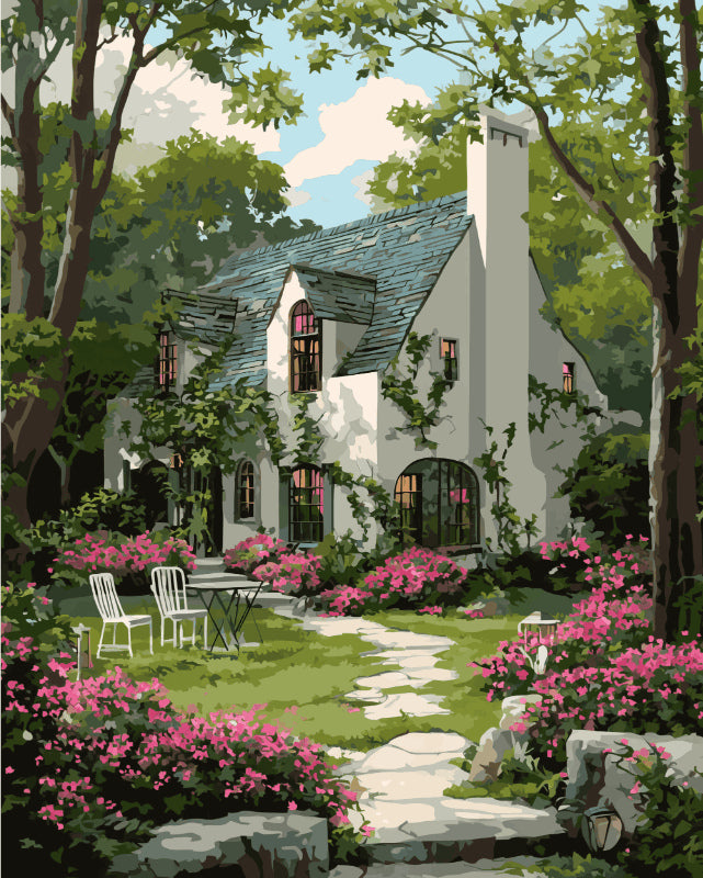 Peinture par numéro adulte Cottage Blanc et son Jardin, visuel complet du design sur toile, Maison Artsen